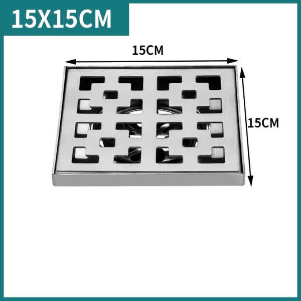 Udendørs gulvafløb, gulvafløb og bruseafløb, afløb gulvafløb, vandlås med duftprop og hårsi, sølv 15*15cm