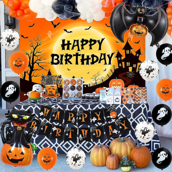 Halloween-syntymäpäiväkoristeet oranssinmusta - tausta, banneri, kakunpäällinen, folioilmapallot