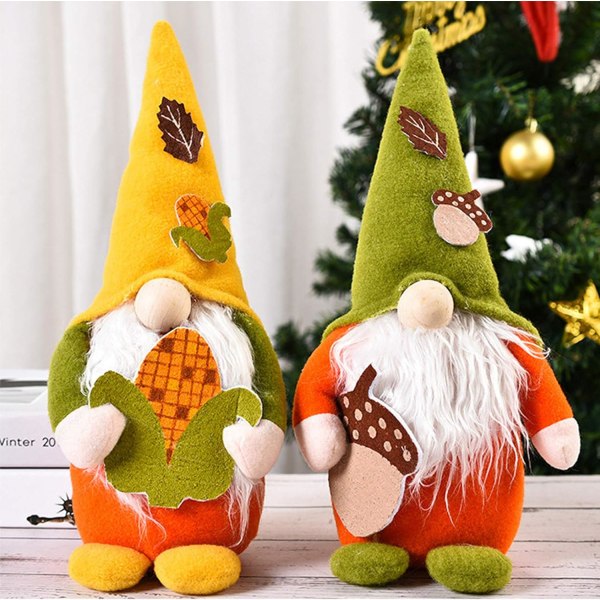 2 stk. Efterår Thanksgiving Gnome Plys dekorationer - Thanksgiving Plys Elf Doll Gnome Ornament - Håndlavet Svenske Nisser Plys Skandinavisk Autumn Gno