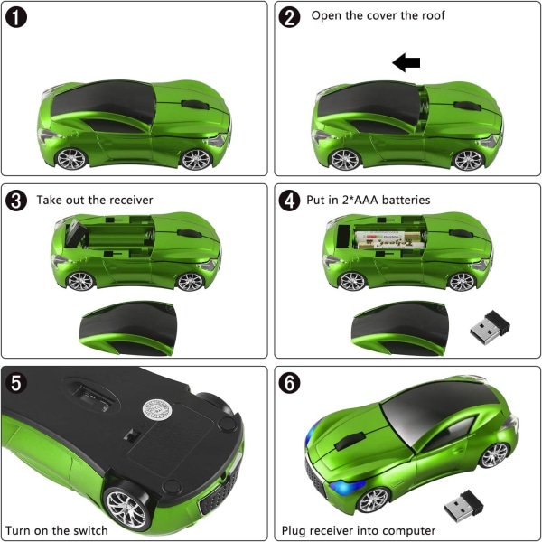 Cool Sports Car Style 2,4 GHz trådlös mus Optisk sladdlös mus med USB mottagare för PC Laptop Grön