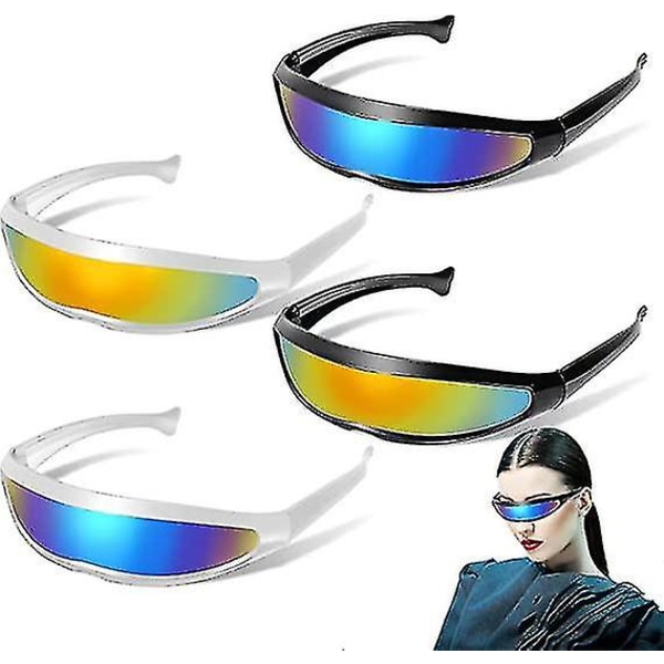 4 påsar futuristiska glasögon (svart och vitt) Smala cyklops Form Solglasögon Vit Svart Ram Spegellinser Rollspel Kostymglasögon Cool fest