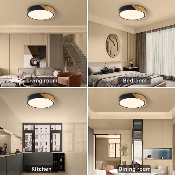 Mustat LED-kattovalot, 18W moderni puinen kattovalaisin, makuuhuoneen keittiön olohuoneeseen, Ø30cm * 5cm, luonnonvalo, 3000K lämmin valkoinen