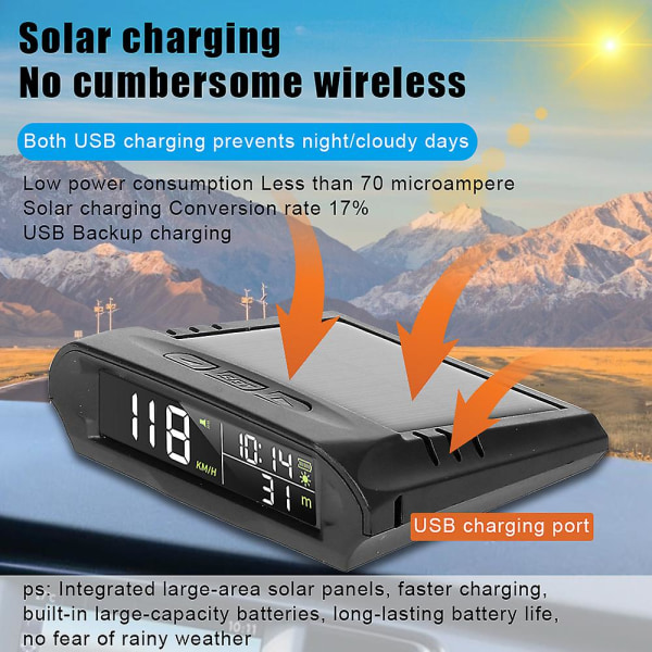 Aurinkoenergialla ladatulla auton Head Up -näytöllä Universal GPS-nopeusmittarin auton langaton Hud-näyttö Digitaalinen Obd2 Hud -auton Head Up -näyttö