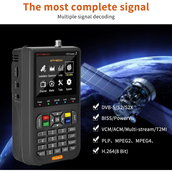 TV Signal Finder Meter, DVB-S/S2/S2X signalmottagare med 3,5 tums HD digital skärm, H.264 Auto Calculate Angle Inbyggt 4000mAh batteri för justering