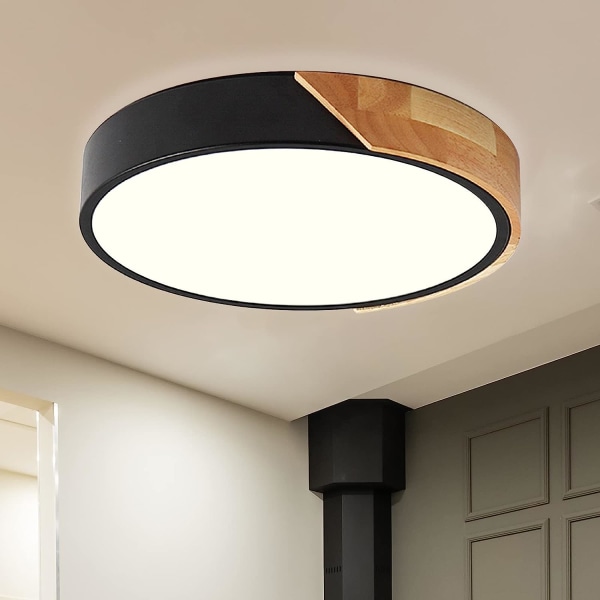 Sorte LED-loftslamper, moderne træloftslys, 18W rund loftslampe, Ø30 cm * 5 cm, naturligt lys, 4500K neutralt lys