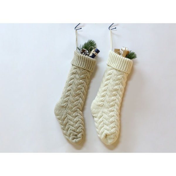 Sæt med 6, 18" unik elfenbenshvid strik julestrømpe strikket ulden ornament gavepose slik elfenben julesokker