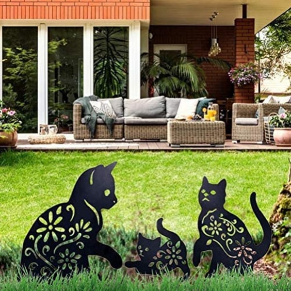 Cat Yard Art Garden Metal Statyer Deco, 3 ST Cat Hollow Out Silhouette Djurform Stake dekorationer, svart