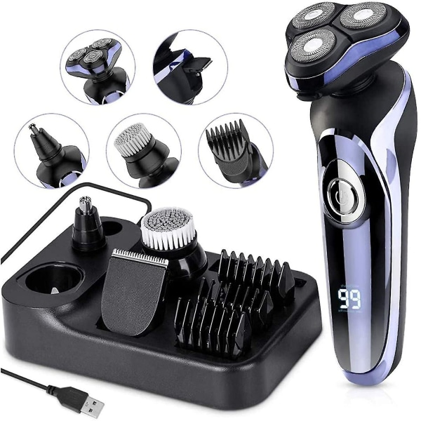 Elektrisk rakhyvel för män, 4 i 1 roterande män rakapparat skäggtrimmer, elektrisk rakapparat Vattentät USB snabbladdning, sladdlöst skägg, näsa, hårtrimmer, män