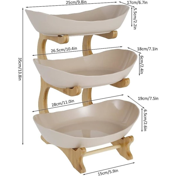 Fruktkorg, 3-vånings keramiskt fruktställ med naturligt bambuställ för frukt, kakor, godis 35*15 cm (beige)