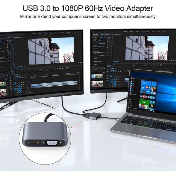 USB 3.0 til HDMI VGA-adapter, USB til HDMI VGA-adapter, støtter HDMI VGA, 1080p synkroniseringsutgang, kompatibel med Windows 7/