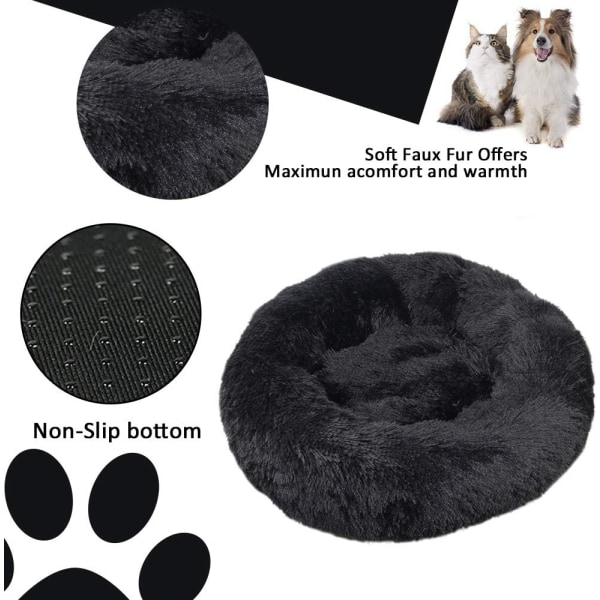 Rund plysch kattkorg för djurkatter och små hundar Kattsängkudde Donut Hundsäng passar Nestsoffa XH062 (diameter: 60, svart)
