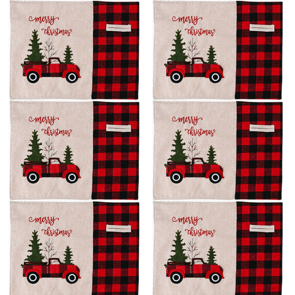 6 stk Christmas Buffalo Plaid dekkebrikker Farmhouse Red Truck Holiday bordmatter, bomullslin røde og svarte bøffelrutede dekkebrikker for spisebord &