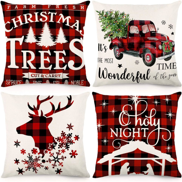 4 joulua tyynyliinaa 18x18 joulukoristeita musta ja punainen Buffalo Plaid Outdoor Xmas case maalaistalon cover kodin sisustukseen