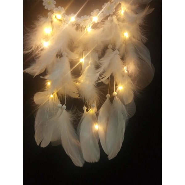 Drømmefanger (20*45 cm，Hvit, Lys), LED-lys i Boho-stil Håndlaget for bilinnredning på soverom, Drømmefanger Vegghengende romantisk innredning