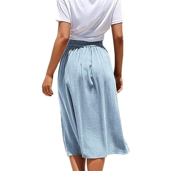 Midiklänning för kvinnor Casual hög elastisk midja A-linje midi chiffongkjol med fickor (ljusblå, M)
