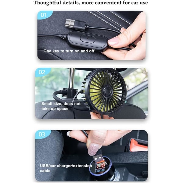 5V bilfläkt (baksäte, 105*40*180 mm) - Tyst - 360 rotation - 3 hastigheter USB - för bil, SUV, lastbil