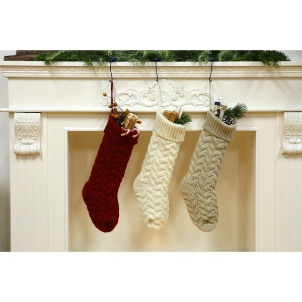Sæt med 6, 18" unik elfenbenshvid strik julestrømpe strikket ulden ornament gavepose slik elfenben julesokker