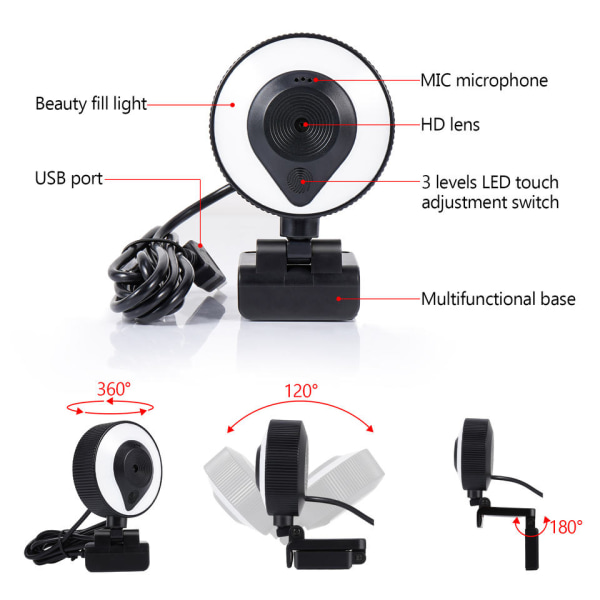 Autofokus skjønnhet HD-mikrofon 4K 1080P LED-webkamera med ringlys Webkameralys Skype Twitch Instagram Face Cam for kringkasting