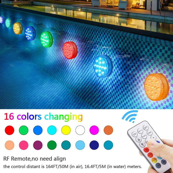 LED-allaslamppu Upotettavat LED-valot, valaistusaika 30-50 tuntia IP68 vedenpitävä 16 RGB-värimuutos koristelamput (4 kpl)
