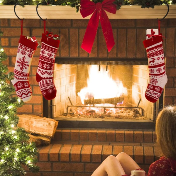 Store strikkede julestrømper sæt med 3, store rustikke julestrømper til familieferiepynt 44 * 14 CM, rød