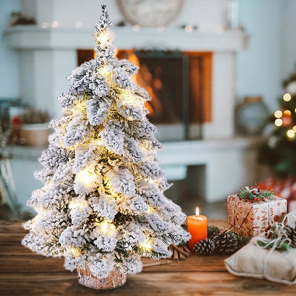 Esivalaistu keinotekoinen mini joulukuusi, 18/45 cm lumipeiteinen pöytäjoulukuusi puisella pohjalla, pöytäjoulu puu tee-se-itse jouluun joulukuu
