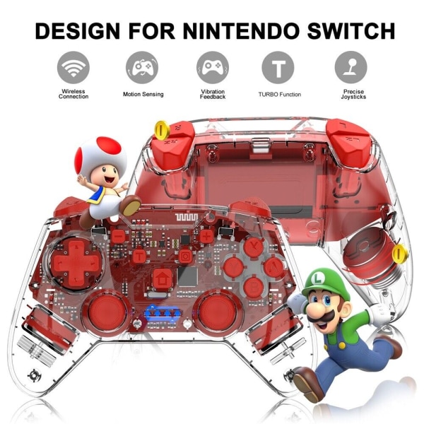 Langaton peliohjain Joystick-peliohjain NS Nintendo Switch Pro -konsoliin, läpinäkyvä punainen RGB-valolla
