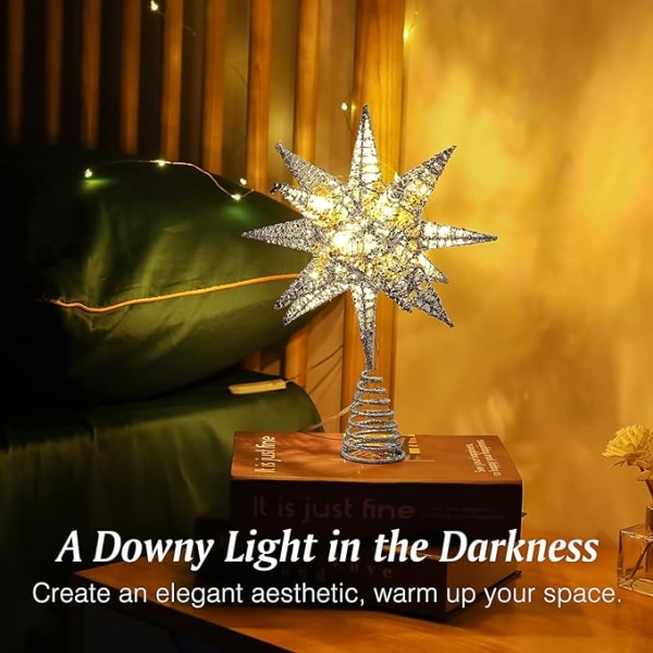 Star Christmas Tree Treetop - Hopeinen joulukuusen latva LED-valo, Moravian Star -joulukuusen kimalteleva rautapuun latva, sisätilojen joulukoristeet