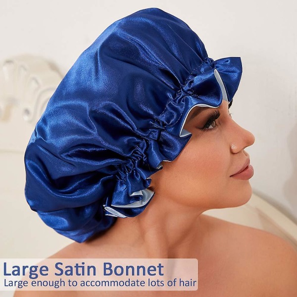 Blå silke hette for naturlig hår hette for kvinner, sateng hette for langt hår for å sove, stor kroppsinnpakning