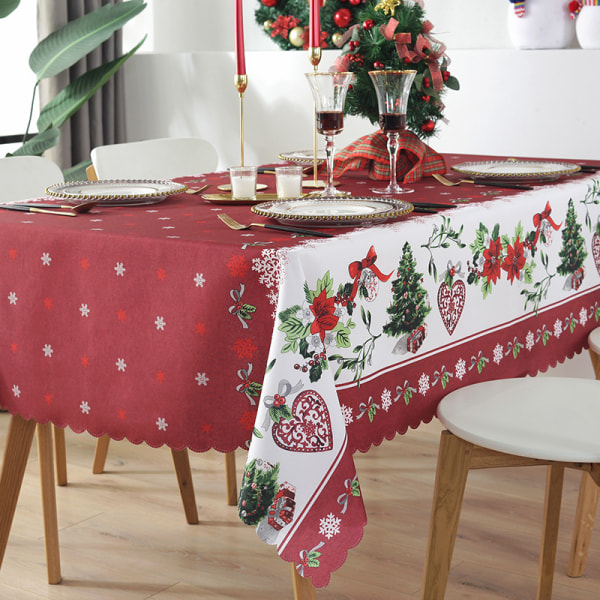 Villages de Provence - Rektangulär julbord mot fläckar - Röd Vit - 300x150 cm - Snowflake Sleigh Christmas - 8/10 Platser