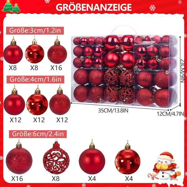Set med 100 gyllene julkulor för julgran, dekorationer glitter, ogenomskinlig, glänsande, Ø 3, 4 och 6 cm（Röd）