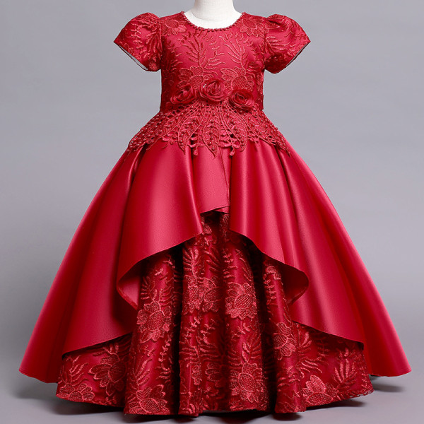 1-osainen tyttöjen mekko Pitkä satiininen kirjonta prinsessamekko, punainen, 6-7 vuotta vanha, korkeus 130 cm/4,26"