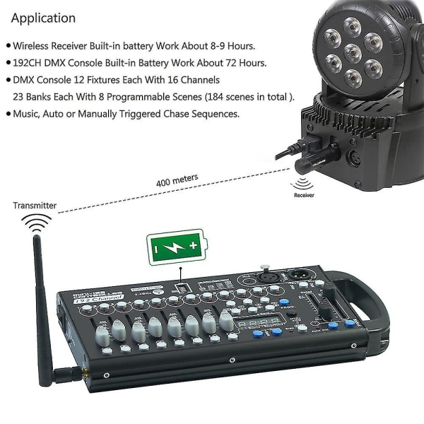 Power Battery 192ch Wireless Dmx Controller Wifi Recharge Receiver För DJ Utrustning Led Par Rörligt huvud Spotlights Controlle Au plug