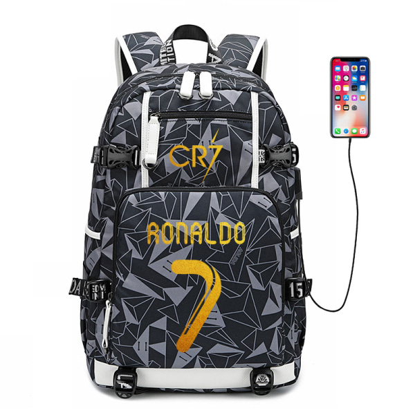 Jalkapallotähti Cristiano Ronaldo CR7 koululaukku suurikokoinen vedenpitävä koululaukku USB portilla (harmaa)