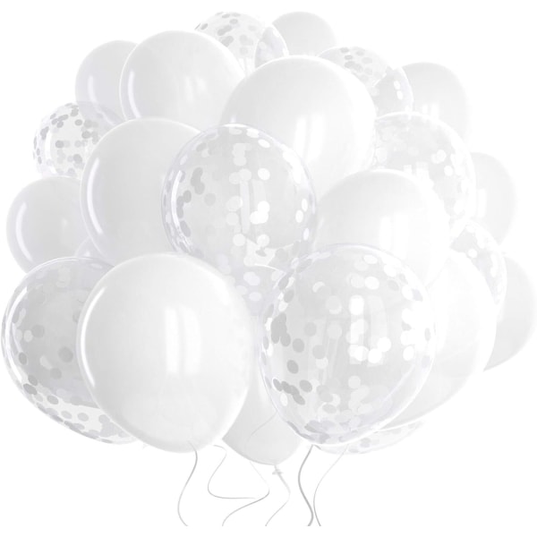 Pakkauksessa 60 valkoista ilmapalloa + valkoisia konfettiilmapalloja nauhalla | Lateksiilmapallot 12" | Hääilmapallot | Pyöreät ilmapallot | Valkoiset juhlakoristeet