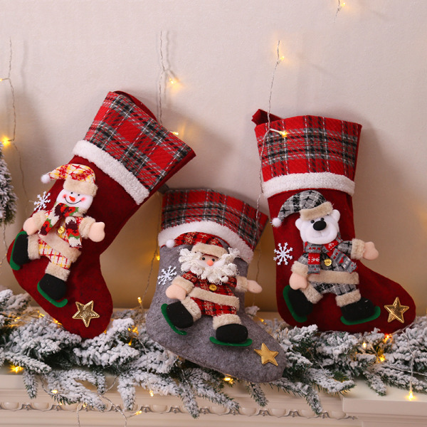 Julestrømper, 3 sett julegavepose dekorasjon gavebjørn, snømann, julenissepynt Godteripose julepyntstrømpe, rutete Chri