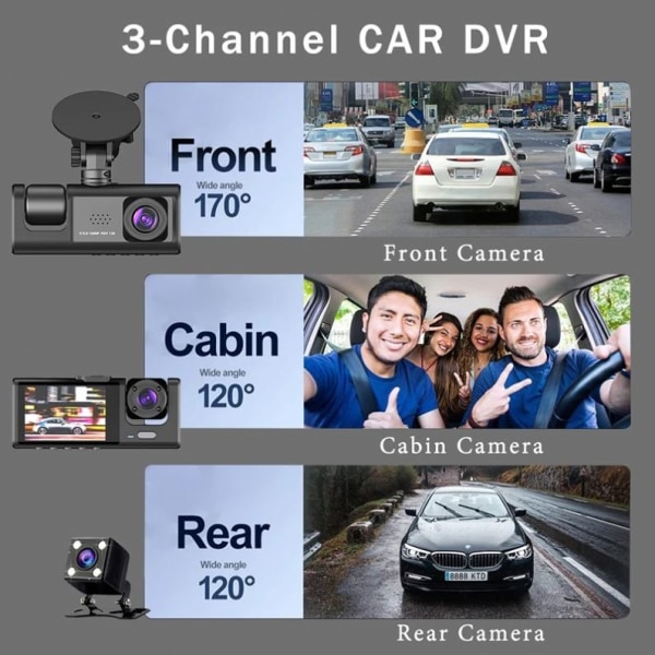 3-kanals Dash Cam for bilkamera 1080P videoopptaker Dashcam Black Box Dobbel linse innvendig bil DVR Bakre kamera biltilbehør dual camera 128GB