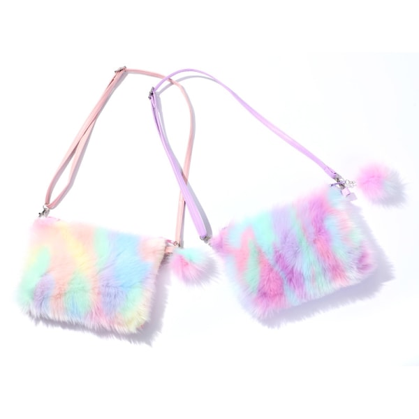 2 stycken 2 stilar 9*6,5" flickor fluffig plyschväska för barn Plysch Tie Dye Rainbow Crossbody Plånbok Plånbok Söt dagismyntväska Mobiltelefonväska