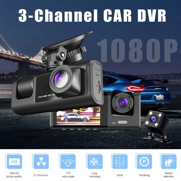3-kanals Dash Cam for bilkamera 1080P videoopptaker Dashcam Black Box Dobbel linse innvendig bil DVR Bakre kamera biltilbehør dual camera 128GB