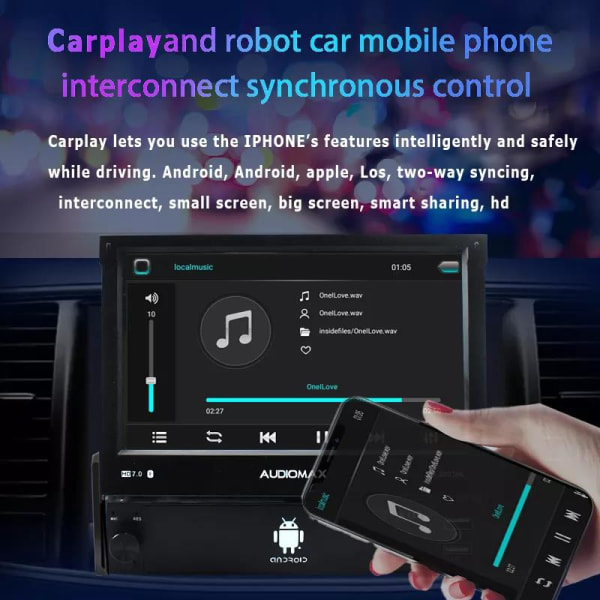 7' 1Din Android sisäänvedettävä kosketusnäyttö Autoradio GPS-navigointi Wifi 2 USB Carplay Stereo Autovideo Mp5-autosoitin