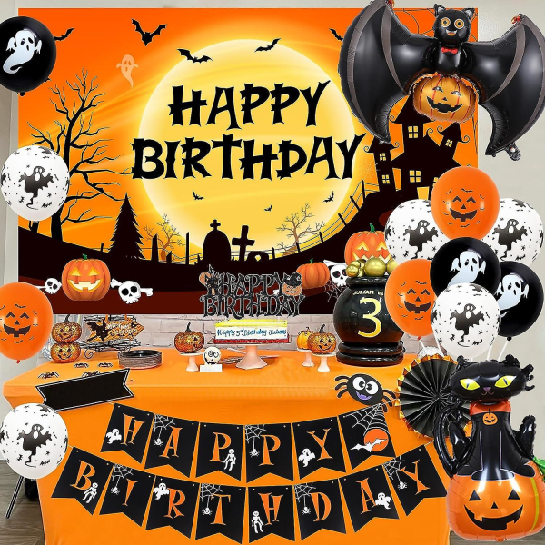 Halloween-syntymäpäiväkoristeet oranssinmusta - tausta, banneri, kakunpäällinen, folioilmapallot