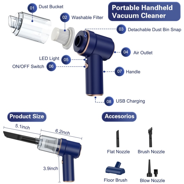 3 i 1 handhållen sladdlös bildammsugare, mini skrivbordsdammsugare, USB snabbladdning, mörkblå