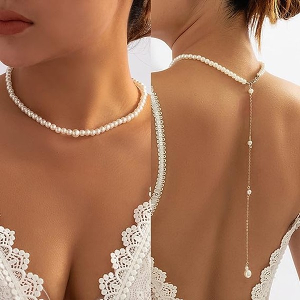 （40+23cm）1 sexet kulissehalskæde med imiteret perlevedhæng, kæde uden ryg, tilbehør til bikini dekoration til kvinder og piger, imiterede perler