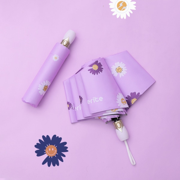 1 stk. Daisy Paraply Automatisk 8-benet sort lim Anti-UV UPF50+ sol- og regnparasoller til børn, piger, drenge (lilla)