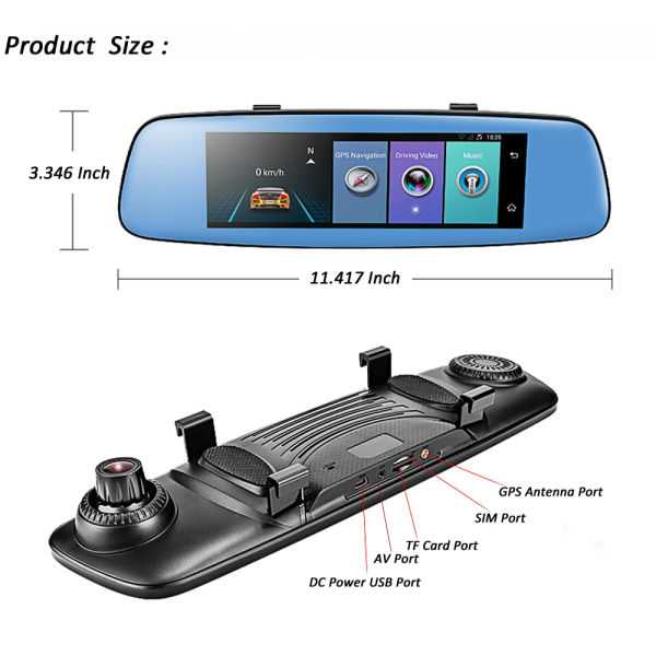 Navigation GPS WIFI dashcam Dobbelt linse Bil dvr Touch ADAS Fjernskærm specchietto retrovisore Android 5.1 4G 1080 P 32GB