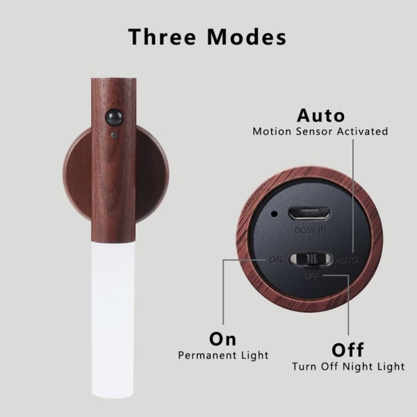 1 stykke valnøtt bevegelsessensor USB oppladbart smart nattlys, 3 moduser, korridor vegglyssensor lys for soveromsgang trapper Garderobe