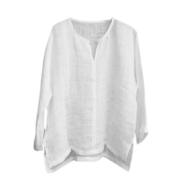 Herre bomuldslinned top åndbar komfort ensfarvet langærmet løs afslappet t-shirt (hvid, XL)