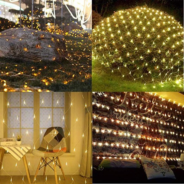 LED lys fiskenet, udendørs vandtæt dekorativ væglampe, stjernehimmel bryllupsfestival lys, 8 slags lystilstand, 3 × 2 m gult lys