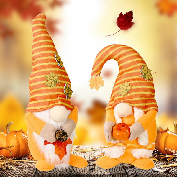 2stk Gnome Plysj Håndlaget Høsthøst Gresskar Gnomes Tre Ornamenter Hjem Bord Dekor For Thanksgiving Harvest Festival