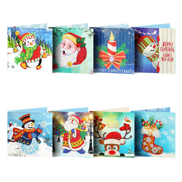 Julehilsenskort, 8 pakker 5D diamantmaleri Juleferiehilsenskort til jul (B) - juleklokker, reinsdyr, snømann, julenissen C
