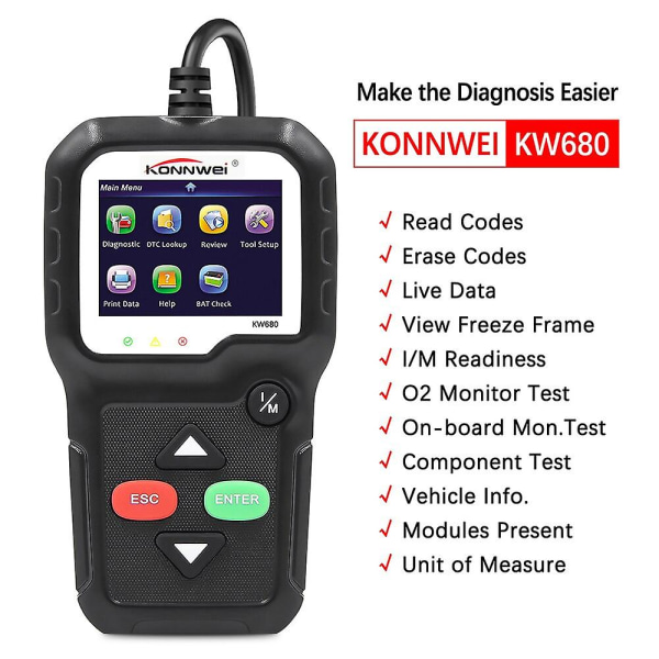 Konnwei kw680 obd2 bildiagnostisk skanningsverktyg bilkodläsare med rysk obd 2 skanner autoverktyg pk elm 327 v 1 5 cr3001 Black